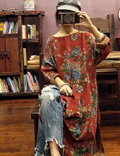 NFYM Women Vintage Floral Print Dress Cotton Long Sleeve Side High Split Drawstring Loose Robe Dress3