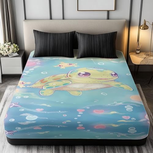ZOUTAIRONG Twin XL Fitted Sheet 39 x 80 in, Ultra Soft Durable Fitted Sheets Comfortable Elastic Fitted Sheets Cartoon Cute Turtle Design Washable Breathable Bed Sheet for Boys Girls