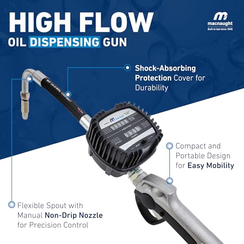 Image of Macnaught Pneumatic Oil Gun with Control Valve 1 /2 inch inch NPT Inlet, Mechanical Meter, Registers in Qts & Totals in Gal. Oil, antifreeze, trans fluid, lubricating oil, synthetic hydraulic oil & more