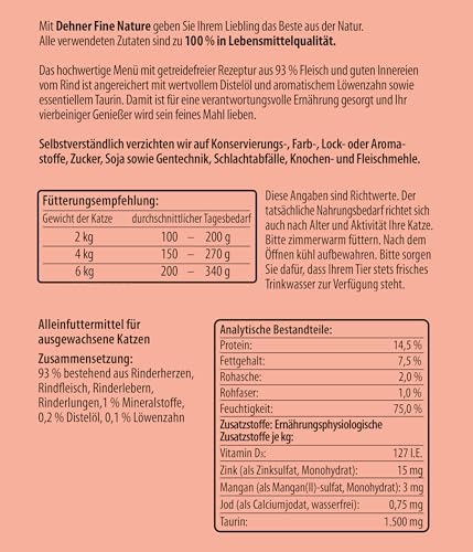 Dehner Fine Nature Katzenfutter, Nassfutter getreidefrei, für ausgewachsene Katzen, Rind, 6 x 400 g Dose (2.4 kg)