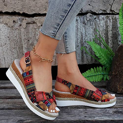 Womenyiaor Wedge Sandals for Women, Espadrilles for Women Open Toe Ankle Strap Wedge Heels Sandals Dressy Summer Platform Sandals Comfortable Slip on Sandals Orthopedic Sandals Casual (E-Red, 8.5)3