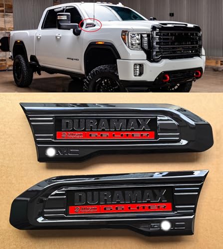 Image of 2pack OEM 2020-2023 Duramax 6.6L Liter Allison Diesel Vent Emblem Right Left 3D Nameplate Badge Replacement for Sierra 2500HD 3500HD 84586287 84586288 (Gloss Black Red)