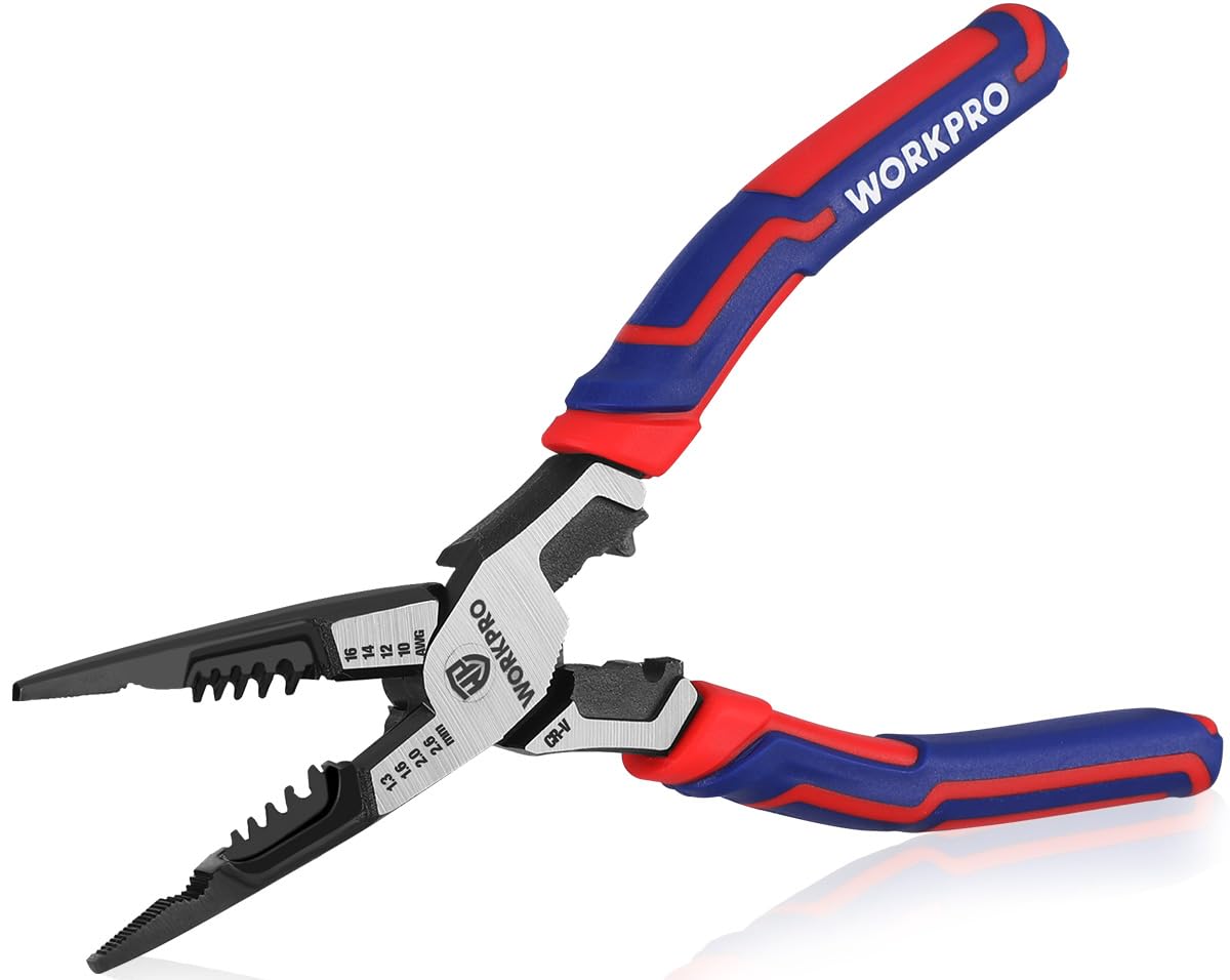WORKPRO 7-in-1 Needle-Nose Pliers, Wire Stripper/Cutter/Crimper and Spanner, 200 mm Long Nose Pilers for 16-10 AWG (1.3-2.6 mm) Wire, Cr-V Multi Hand Tools for Electrician