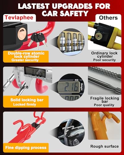 Image of Tevlaphee Steering Wheel Lock Anti-Theft Car Device Heavy Duty Security Car Lock Antitheft Locking Devices Great Deterrent Adjustable Car Wheel Lock Anti Theft for Vehicle Truck SUV with 3 Keys (Red)