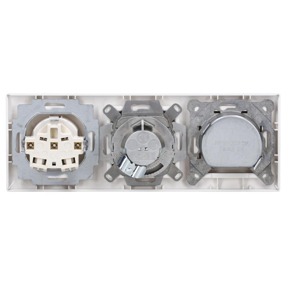 Busch-Jaeger Balance SI Set: UP 3-Loch Dose Triax EDA 302 F mit Zentralscheibe + Rutenbeck Anschlussdose 13610407 mit Zentralscheibe + 20 EUC-914 Steckdose + 1723-914 3-fach Rahmen Alpinweiß