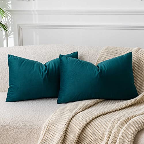 Image of JUSPURBET Decorative Pillow Covers Set of 2 Velvet Throw Pillow Covers for Couch Sofa Bed Soft Lumbar Cushion Covers with Hidden Zipper for Living Room Home Decor,Peacock Blue,14x24 inch