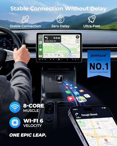 Image of Jemluse Wireless CarPlay Adapter for Apple - Mini Size, Fast Stable Connection Convert Wired to Wireless Car Play Dongle for iPhone iOS 10+, Plug & Play for Cars from 2016+ w /USB-C (Grey)