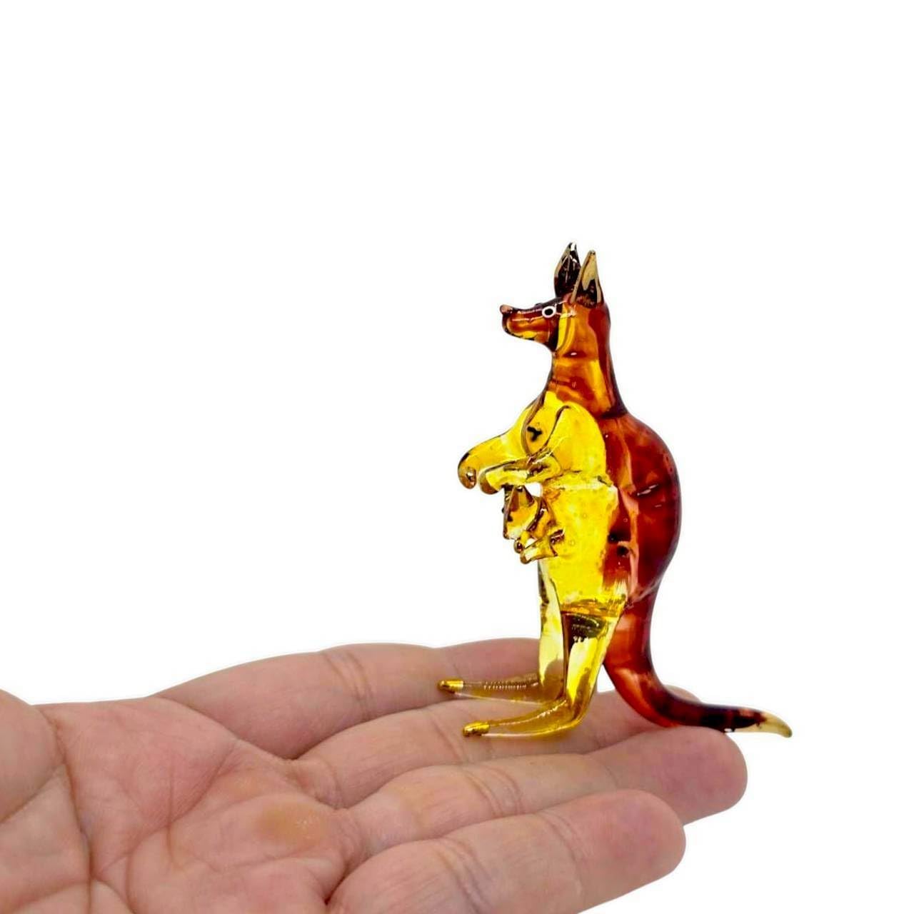 Mr_air_thai_Glass_Blown Tiny 3" Long Brown Yellow Standing Kangaroo with Baby in Pouch Figurine - Miniature Hand Blown Glass Kangaroos Joey Animals Crystal Decorative Collectible Figurines Décor Gifts