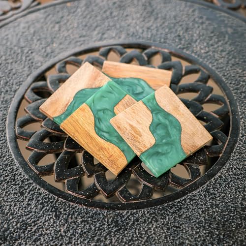 Image of Ireka Home Blue Wave Coasters (Set of 4) - Mango Wood & Turquoise Blue Resin, Coastal Tranquility Design - Elegant Kitchen & Coffee Table Decor for Coffee Cups, Mugs & Glasses