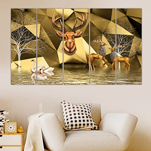 Maxstone Beautiful Goldan Deer Nature Wall Painting Animals Painting Bards, Multiple Panlas Living Room,Bedroom,Office Big Size Wall Painting Set Of-5 (30x60 inch) M1256