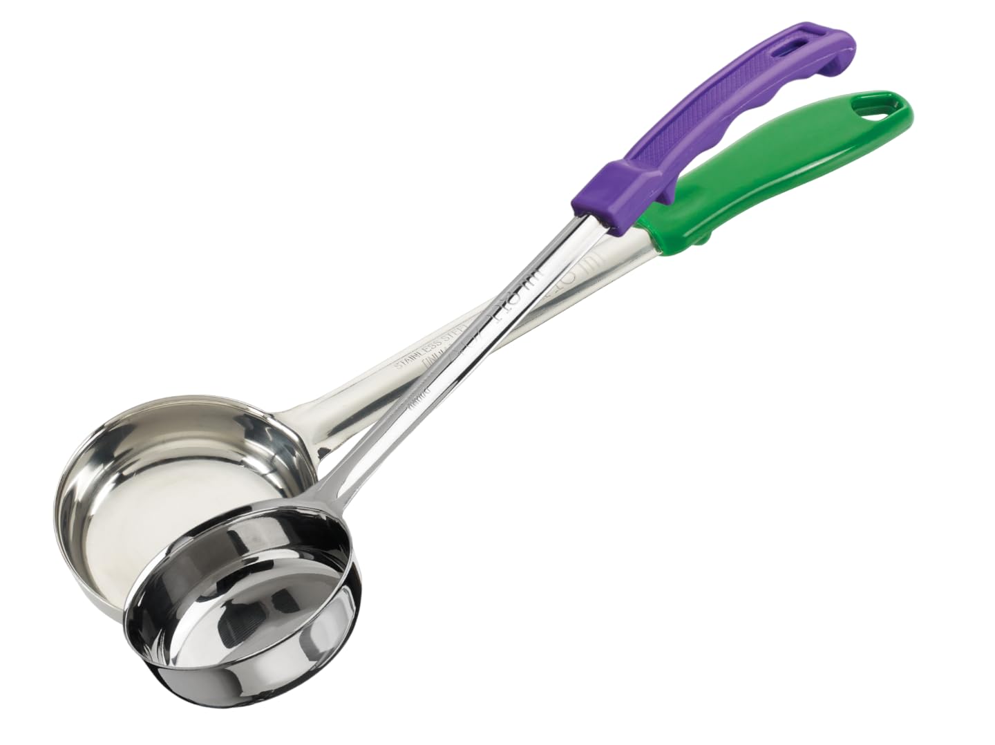 Fonteme 2 Pack Solid Food Portioner, 4-Ounce Medium – Stainless Steel Serving & Cooking Spoon with Purple and Green Handle for Soup, Sauce, Gravy, Kitchen or Food Prep