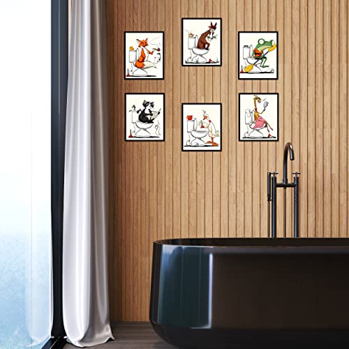 Bathroom Wall Art Animal Prints Toilet Decor Set Of 6 Canvas Posters Cute Pictures Photos Bathroom Artwork Wall Colourful Funny Fox Cat Frog Goose Giraffe Horse In Toilet Illustration Wall Decor For Kids Bathroom (8"X10" Unframed) #TOP6