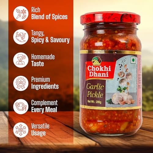 Image of Chokhi Dhani Garlic Pickle (Pack of 2, 200g Each) | Lahsun Achar | Spicy Indian Pickle with Whole Garlic Cloves | Traditional Homemade Style | Lassan ka Achar