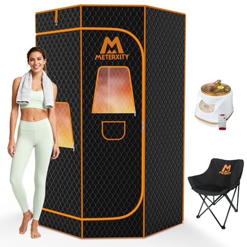 M METERXITY Portable Sauna for Home Extra Large Sauna Box Thickened 600D Thermal Sauna Tent 3L 1500W Steamer 9 Levels Heat 60 Mins Timer 300LBS Folding Chair Remote Control