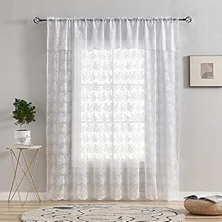 YJ YANJUN Voile Curtains 90x90 inch White Vintage Floral Lace Net Curtains with Valance for Livingroom 90 Drop 1 Panel Boho Décor 229cm x 229cm