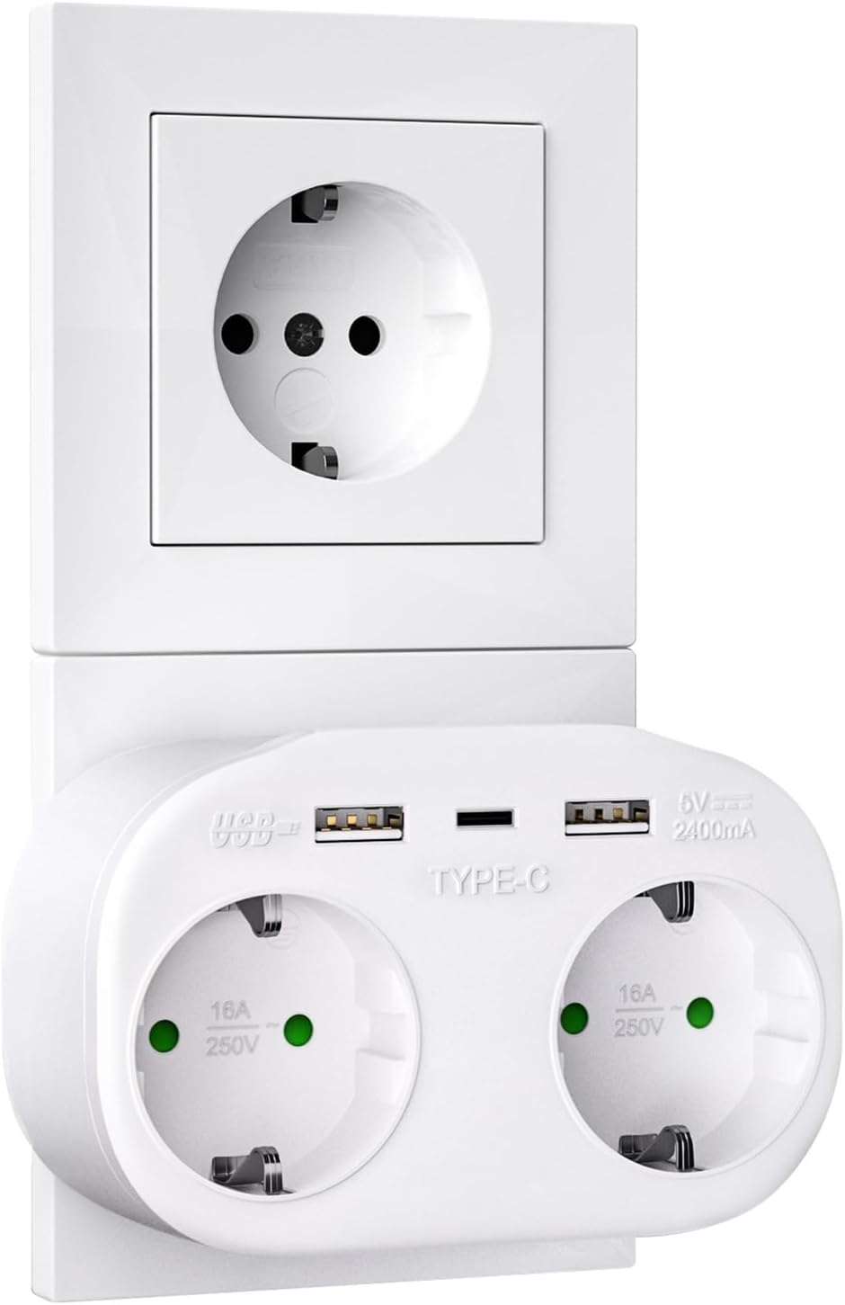 USB Socket EU Electrical Outlets Converter, Double Plug Schuko DE Standard Wall Plate European Power Adapter White