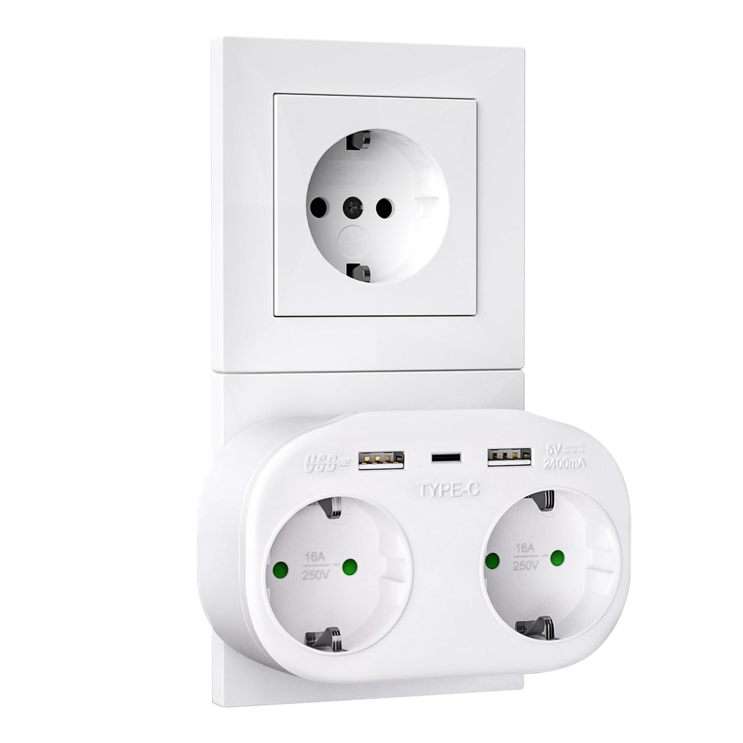 USB Socket EU Electrical Outlets Converter, Double Plug Schuko DE Standard Wall Plate European Power Adapter White