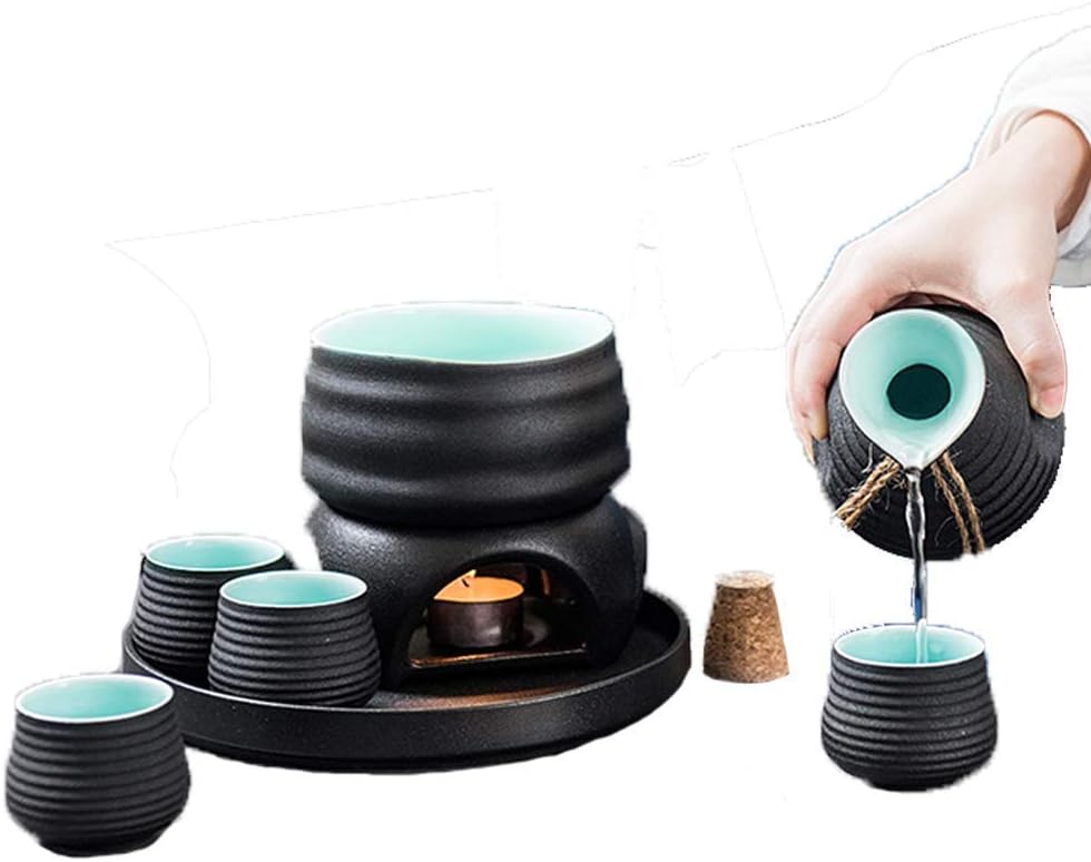 Tea Pots 8 Pieces Sake Set Japanese Black Glaze Wine Glasses with Warmer and Candle Stove Traditional Crafts Cups for Cold/Warm/Hot Sake/Shochu/Tea