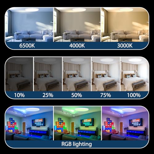 HOTUT Lámpara de techo RGB de 24 W regulable, luz de techo LED, WiFi para baño, control remoto y aplicación, 2700 K-6500 K, luces de techo inteligentes redondas funcionan con Alexa Google Bluetooth - imagen 3