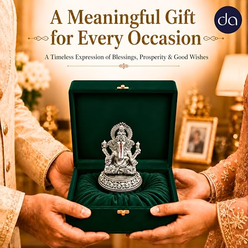 Image of Silver Plated Four-Armed Ganesh Idol - 3.5 Inch Divine Seated Ganpati Statue with Detailed Halo for Car Dashboard, Pooja Room and Mandir - Auspicious Vastu Home Decor and Spiritual Gift
