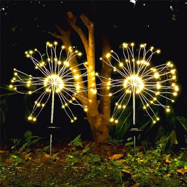 Honche 2 Pack Decorative Solar Outdoor Lights, Oval, WarmWhite, 8 Lighting Modes, Firework Lights for Garden, Patio, Countryside Pathways, Parties