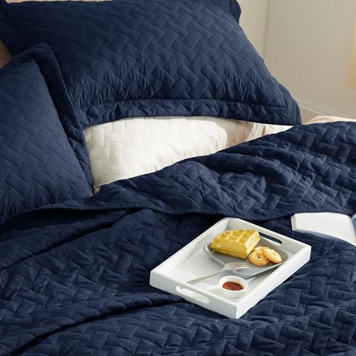 Image of Bedsure Oversized King Quilts - Lightweight Bedspreads Oversized King Size with Basket Weave Pattern, Soft Quilt Bedding Set, Navy Comforter Set Coverlet 2 Pillow Shams (120 inch x 120 inch)