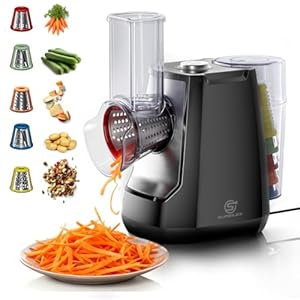 SUPERLEX Electric Cheese Grater 5-in-1 Rotary Grater Vegetable Slicer Salad Maker 150W Multifunctional Shredder with 5 Interchangeable Drum Blades for Fruit Vegetables Carrots Nuts Cheese Easy Clean