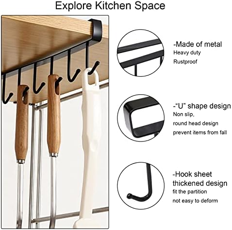 3 Pcs Black 6 Hooks Cup Holder Under Cabinet, Undershelf Mug Storage for Restaurant Coffee Shop Bar Kitchen, with Adhesive Screw