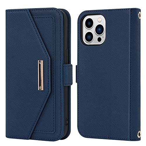 Cavor Coque Compatible avec iPhone 14 Pro Max Etui avec Cordon,Flip Portefeuille Étui Cuir,[5 Porte Cartes][Miroir][Magnétique][Réglable Collier] Housse - Bleu – vue 2