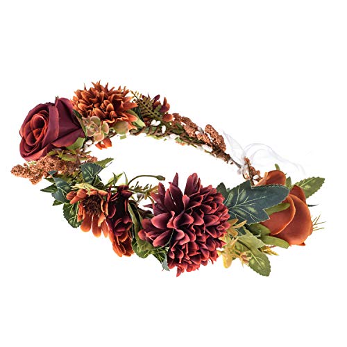 June Bloomy Women Floral Crown Wreath Flower Girls Headband Bridal BOHO Hair Garland Halo (Rose Burgundy)