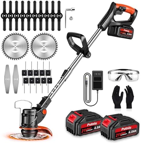 Cordless Weed Wacker, Stringless Electric Weed Eater & Lawn Edger - 21V Battery Powered Grass Trimmer with 2X 4.0Ah Battery and Charger, Brush Cutter with 3 Blades for Garden and Yard Maintenance