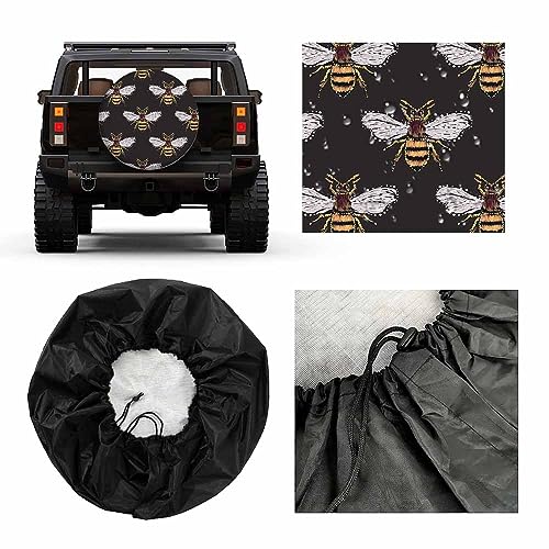 Image of Honey Bee Spare Tire Cover Embroidery and Rhinestones Wings Yellow Furry Cute Weatherproof Universal Wheel Protectors Camper Tire Covers for Trailer Rv Travel(17 inch)