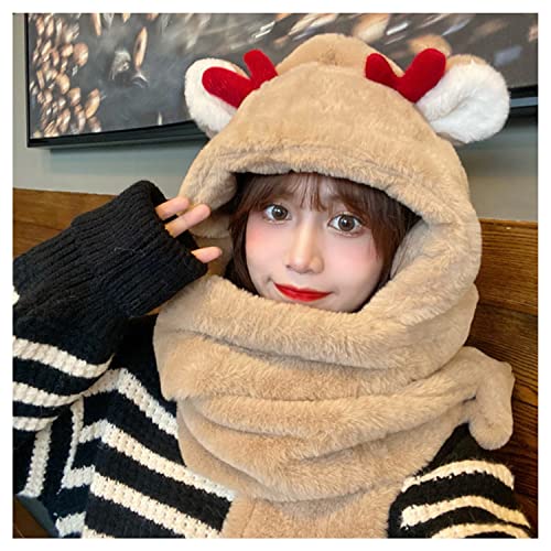 Women Girls Lovely Cartoon Animal Ears Hat Scarf Gloves 3-in-1 Set Plush Winter Warm Hoodie Hat with Scarf Pocket Mitts3