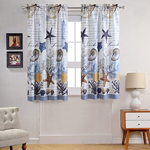 MVSUTA Under The Sea Blue Pinted Ocean Window Curtain Pair,Modern Seashell Beach Lighthouse 2 Panels...