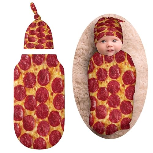 Image of 3D Funny Realistic Food Pepperoni Cheese Pizza Newborn Baby Swaddle Blanket With Beanie Hat - Soft Sleep Sack Receiving Blanket Wraps for Boys Girls Infant