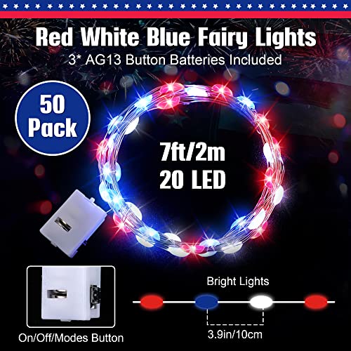50 Pack Red White And Blue Lights String, 4Th Of July Led Fairy Lights Battery Operated String Lights, 7Ft 20 White Red Blue Lighted Patriotic Decor Mini Twinkle Light For Independence Memorial Day #TOP3