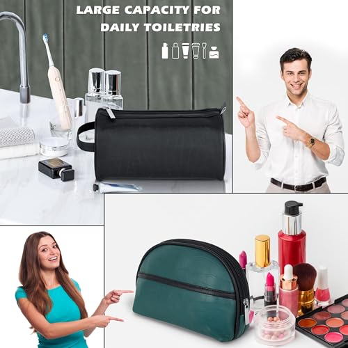 Image of SNDIA Leather 2-Set Toiletry Kit Travel Bags Shaving Kit Makeup Cosmetic Pouch For Men And Women (Him & Her) - Turquoise Black
