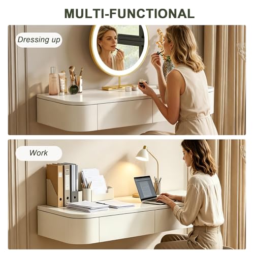 Image of Floating Makeup Vanity Table with 2 Side-Open Storage Doors, Space-Saving Dressing Table with Drawers, Wall Mounted Floating Desk with Rounded Corners for Small Space Bedroom (White, 39.3in)