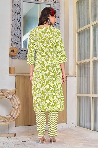 Image of MIRCHI FASHION Women's Straight Fit Pure Cotton Sequins Thread Work Leaf Printed Kurta Set with Dupatta and Trouser