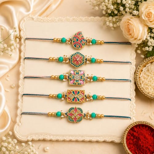 Image of Dreamica Designer Wall Hanging, Set of 5 Rakhi, Fridge Magnet, Standee Showpiece, Pen, Set of 8 Cards, Greeting Card and Tilak Set | Best Rakhi Gift for Brother