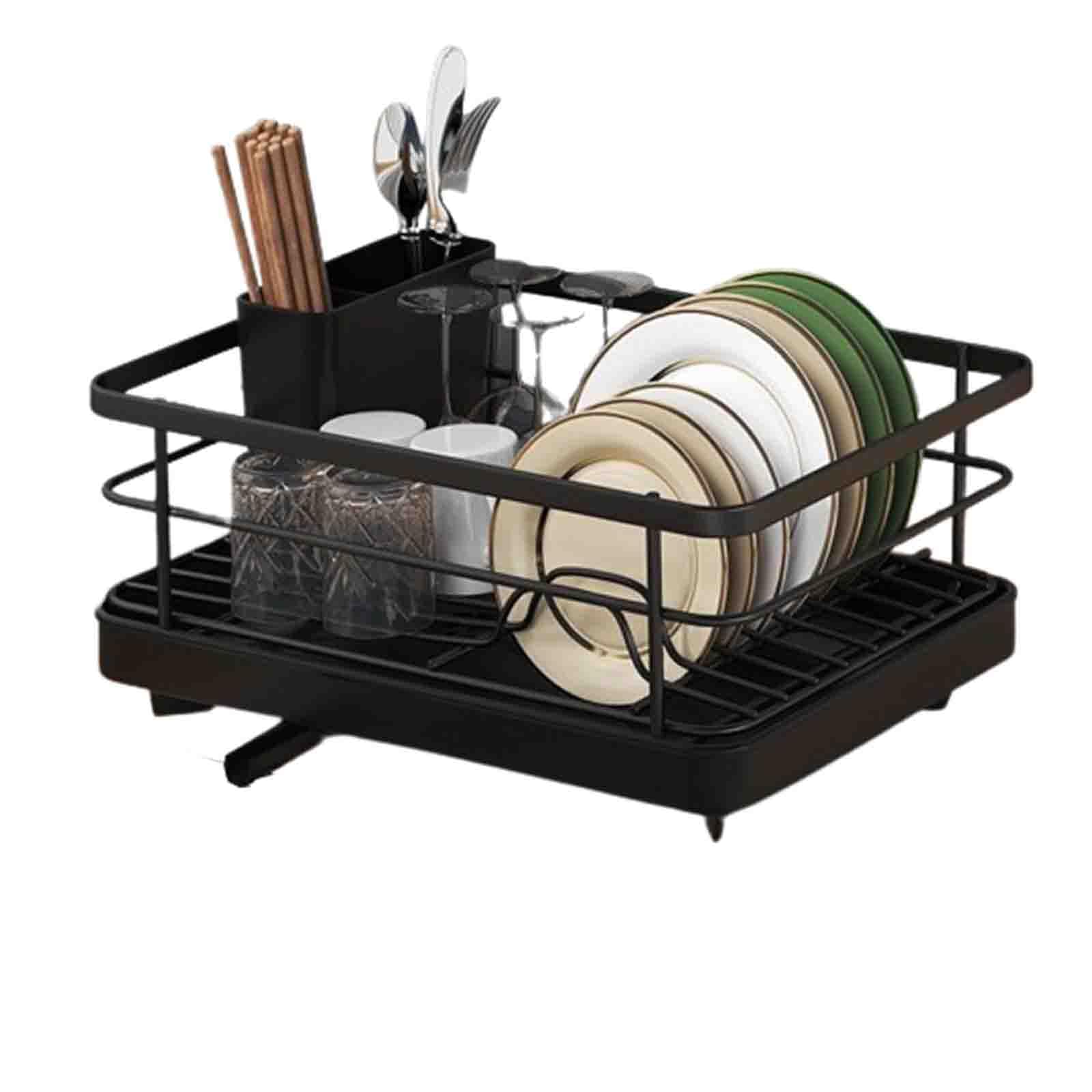 Edelstahl-Geschirrkorb über der Spüle mit Abtropfschale, abnehmbarer Besteckhalter, platzsparendes Design, schwenkbarer Auslauf, Schwarz (40,5 x 30,5 x 13 cm)