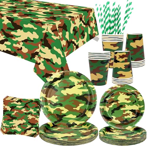 Fournitures de Fête Camouflage - Vaisselle Militaire pour Garçon - Assiettes, Tasses, Serviettes, Nappes, Pailles - Thème Chasse
