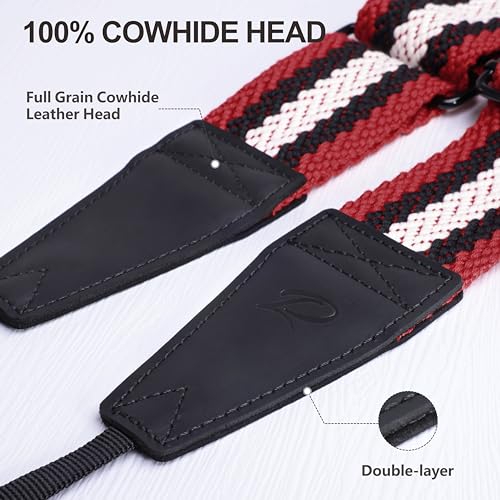 Image of Padwa Lifestyle Extra Long Adjustable Camera Strap for Photographers - 2 inch Wide Full Grain Cowhide Leather Ends Camera Straps with Quick Release for All Cameras,Binoculars(Stripe Black Red White)