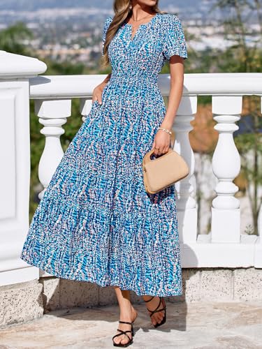 Image of BTFBM Womens Summer Floral Maxi Dresses V Neck Short Sleeve Boho Casual Flowy Long Wedding Guest Dress Beach Vacation