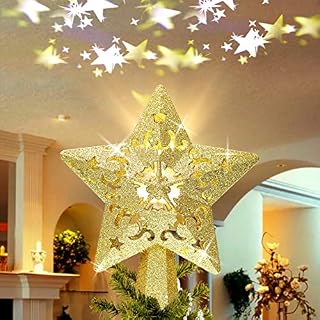 Dremisland Christmas Tree Topper Lighted with Gold Star Projector, LED Rotating Star, 3D Glitter Gold Star Night Light Gift for Festival Christmas Tree Decorations(Gold)