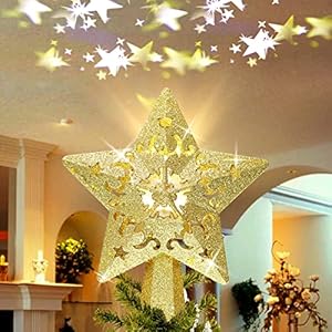Kerstboompiek ster met led-projectie van dynamische sterlichteffecten, 3D goud glinsterende kerstboompunt, kerstboomdecoratie, nachtlampje, cadeau voor festival kerstboomversiering