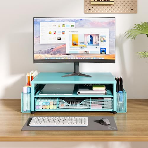 Image of OPNICE Desk Organizer and Accessories, 2-Tier Computer Monitor Stand Riser with Drawer and 2 Pen Holders, Laptop Stand, Office Desk Accessories for Office Supplies, 1 Pack, Teal Blue