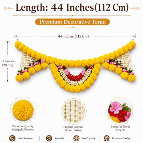 Image of Artificial Marigold Flower Toran for Main Door Entrance Traditional Bandarwal Door Hanging with Jasmine Strings for Diwali Pooja, Wedding & Housewarming Decoration 44 inch