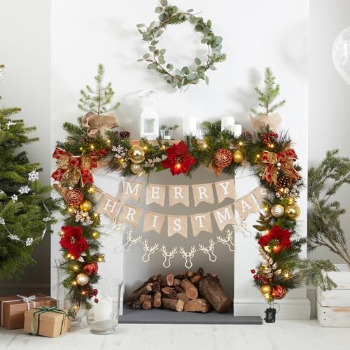GarveeHome Prelit Christmas Garland for Mantle, 9 Ft Battery Operated Xmas Garland with Lights Red Gold Ball Ornaments Poinsettia Flower for Fireplace Front Door Stairs Railing Indoor Outdoor Decor
