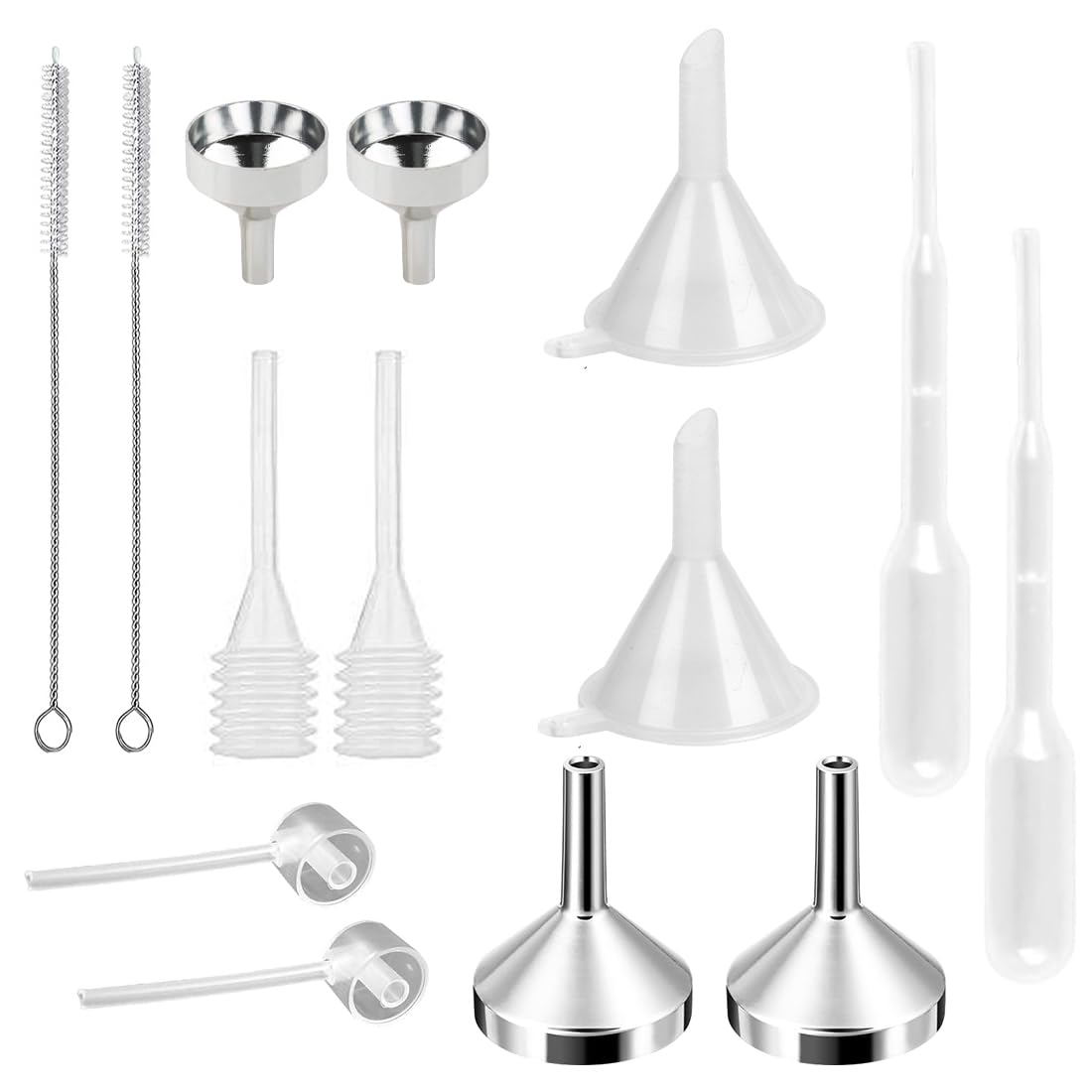 YAYNO 14 Piezas Mini Funnel Set Embudo de Cocina Mini Embudo de Aluminio Metal Gotero de Plástico Dispensador para Botella de Aceite Esencial, Llenado de Botella Pequeña, Cosméticos, Arena